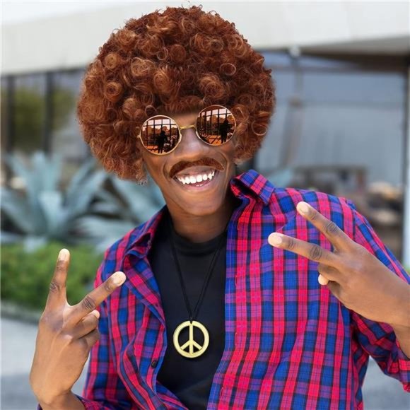 Hippie Afro Wig Disco Accessories Costume Set for Men Sunglasses Peace Sign - Picture 5 of 7